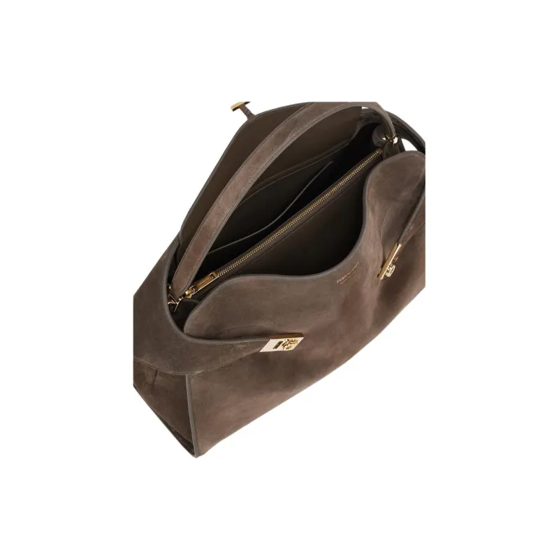 FERRAGAMO Hug Calfskin One Shoulder Handbags Large Size Women's Concrete Gray-4