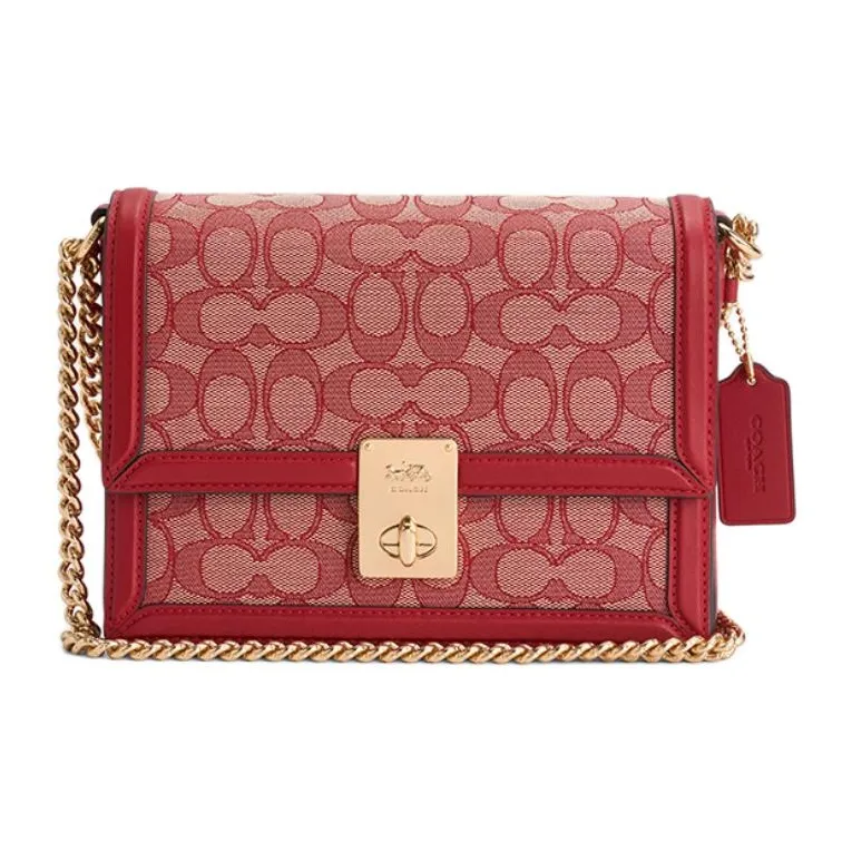 COACH Hutton Cow Leather Small Square Bag Chain Bag Portable Crossbody Bag Shoulder Bag Small Size Women's Ruby Color-0
