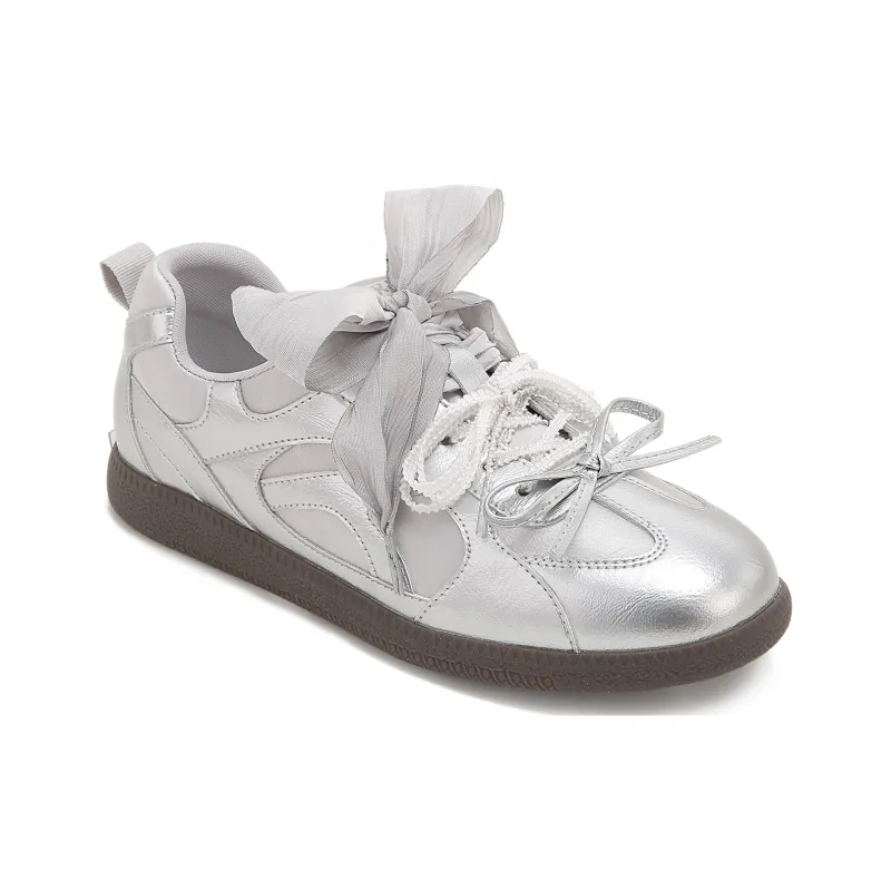 TTKJ Abrasion Resistant, Lightweight, And Breathable Low Top Skateboard Shoes Women's Satin Silver-4