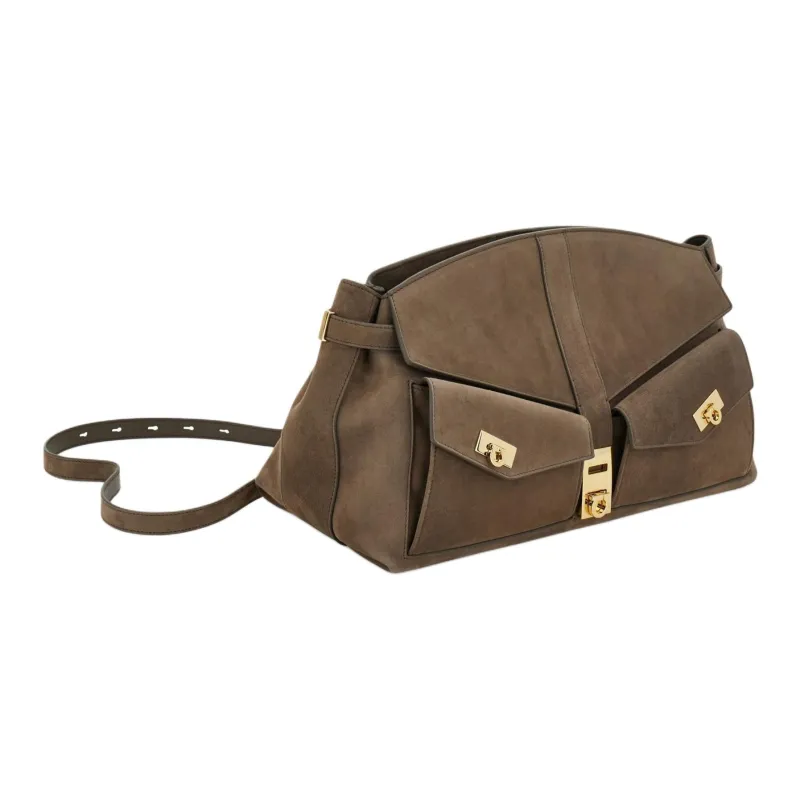 FERRAGAMO Hug Cow Leather Shoulder Bag Large Size Women's Light Gray-1