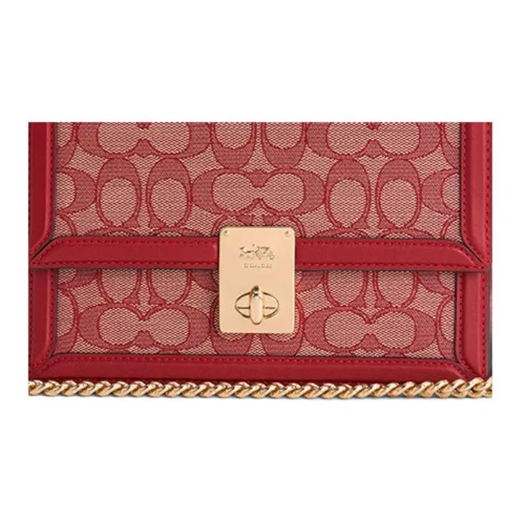 COACH Hutton Cow Leather Small Square Bag Chain Bag Portable Crossbody Bag Shoulder Bag Small Size Women's Ruby Color-3