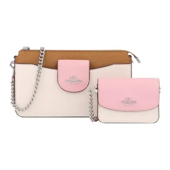 COACH POPPY Cross Stitch Leather Combo Bag Shoulder Bag Crossbody Bag Small Size Women's Chalk White & Pink