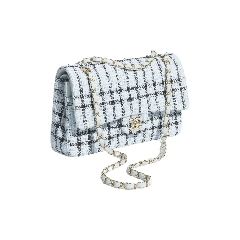 CHANEL Tweed & Gold Metal Shoulder Bag Women's Light Blue-1