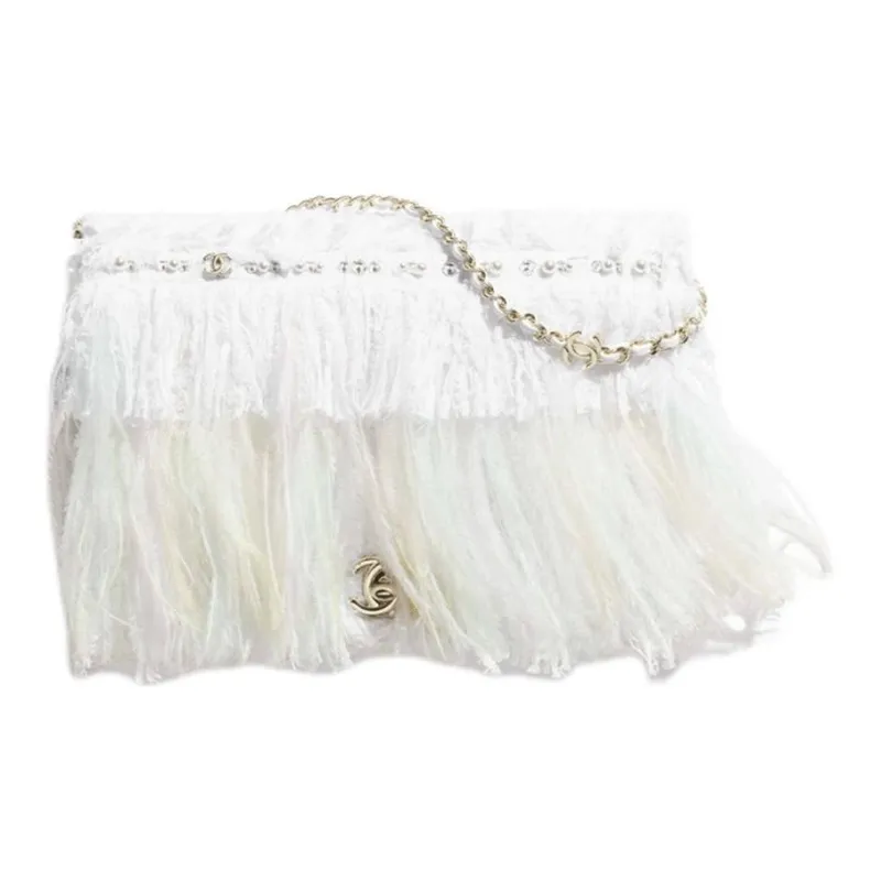 CHANEL Tweed Handheld Shoulder Bag Women's White-0