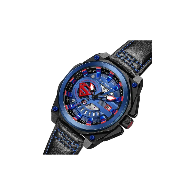 Zgo Warner DC Collaboration Automatic Mechanical Movement Leather Strap Watch Men's Watches Blue Dial-3
