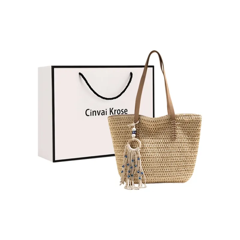 CinvaiKrose Straw Woven Tote Bag Shopping Bag Handbag Shoulder Bag Large Size Women's Multicolor-3