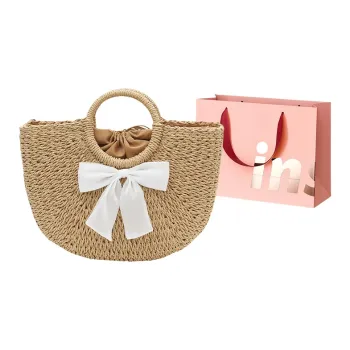 WHEELY BABY+ Woven Beach Bag Handheld Basket Bag Handbag Women's Khaki/Ecru
