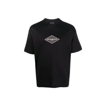 EMPORIO ARMANI Letter Logo Embroidered Crew Neck Short Sleeved T Shirt Men's Black