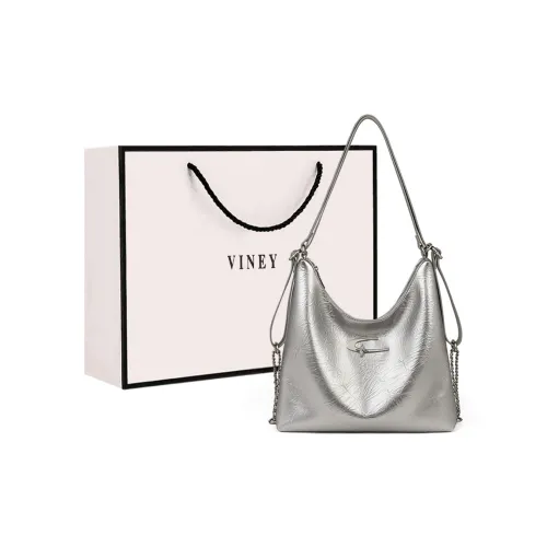 VINEY Cow Leather Shoulder Bag Tote Large Size Women's Silver