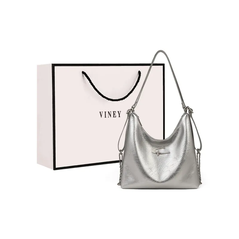 VINEY Cow Leather Shoulder Bag Tote Large Size Women's Silver-0