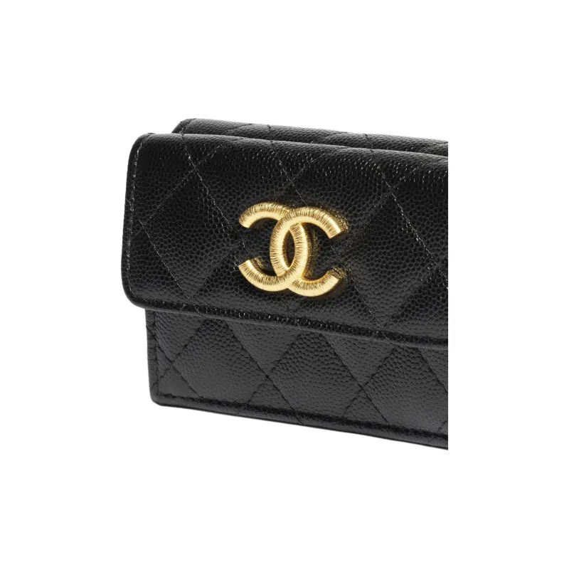 CHANEL Grained Calfskin Wallet Small Size Women's Black-3