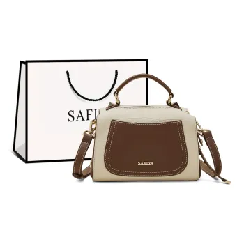 Safiya Cow Leather Boston Bag Handbag Medium Size Women's Beige/Coffee
