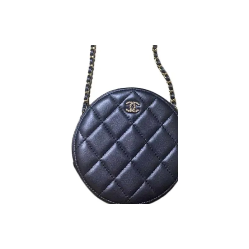 CHANEL Lambskin Chain Bag, Small Round Shoulder Bag, Crossbody Bag Women's Black-3