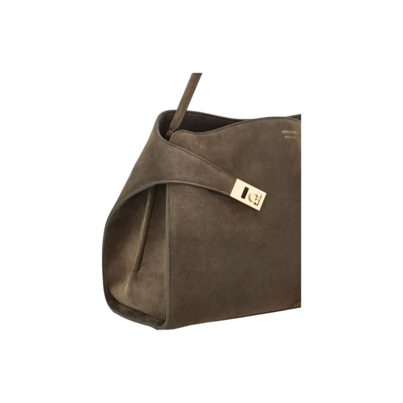 FERRAGAMO Hug Calfskin One Shoulder Handbags Large Size Women's Concrete Gray-3