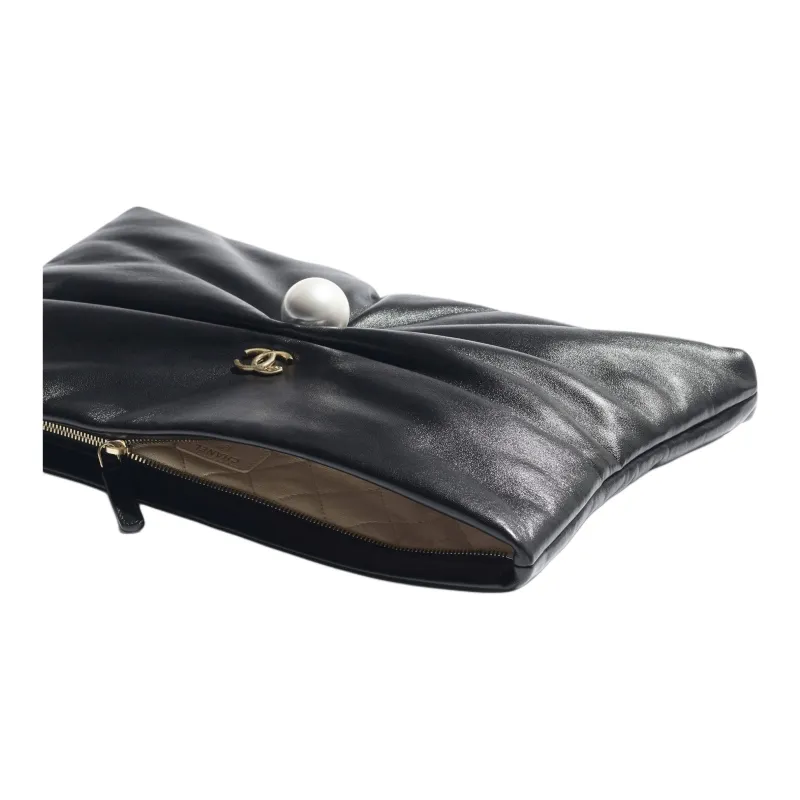 CHANEL Lambskin Clutch Large Size Women's Black-1