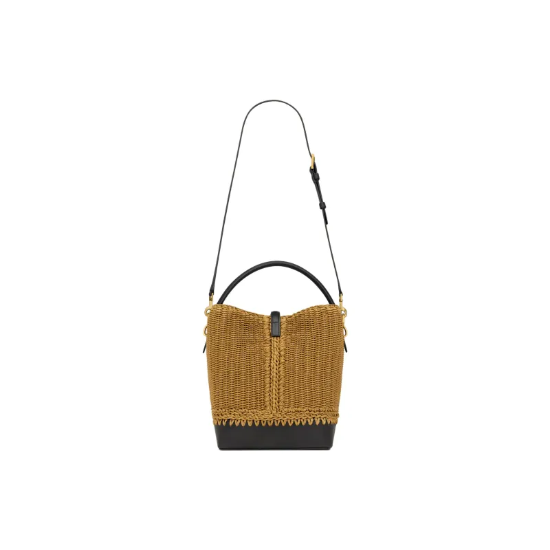 SAINT LAURENT Calfskin Bucket Bag, One Shoulder Handbag Women's Natural Brown & Black-5