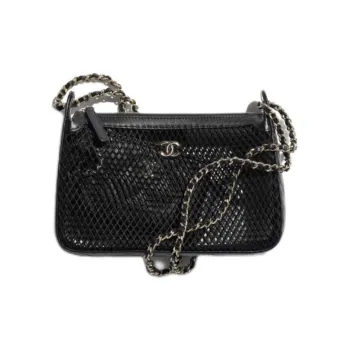 CHANEL Fishnet With Bright Lambskin Clutch Shoulder Bag Women's Black