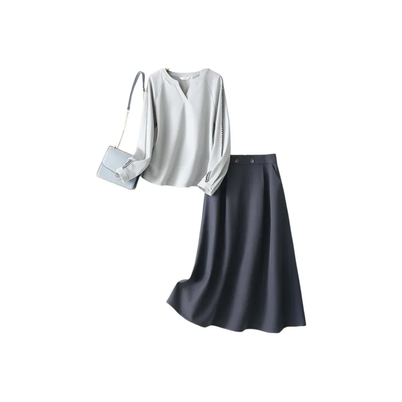 IHIMI Skirt Set Women's Light Blue Gray+Dark Blue-1