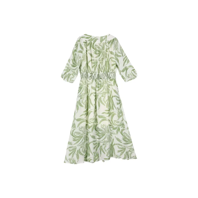 TOUCH Short Sleeved Dress Women's Beige With Green Leaf Print-1
