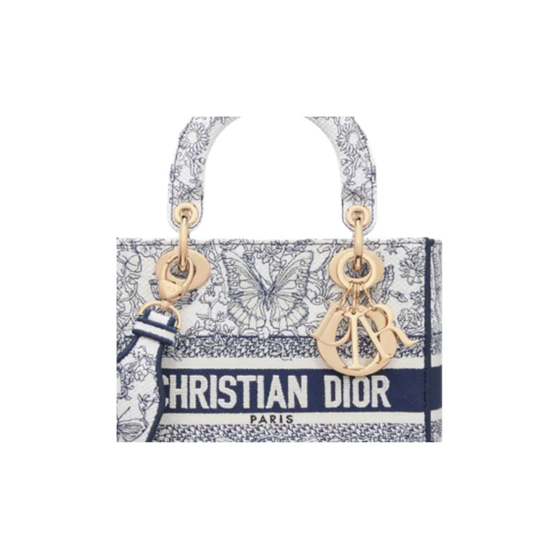 DIOR Lady D Lite Cotton Fabric Tote Bag Shopping Bag Shoulder Bag Handbag Small Size Women's Blue-5