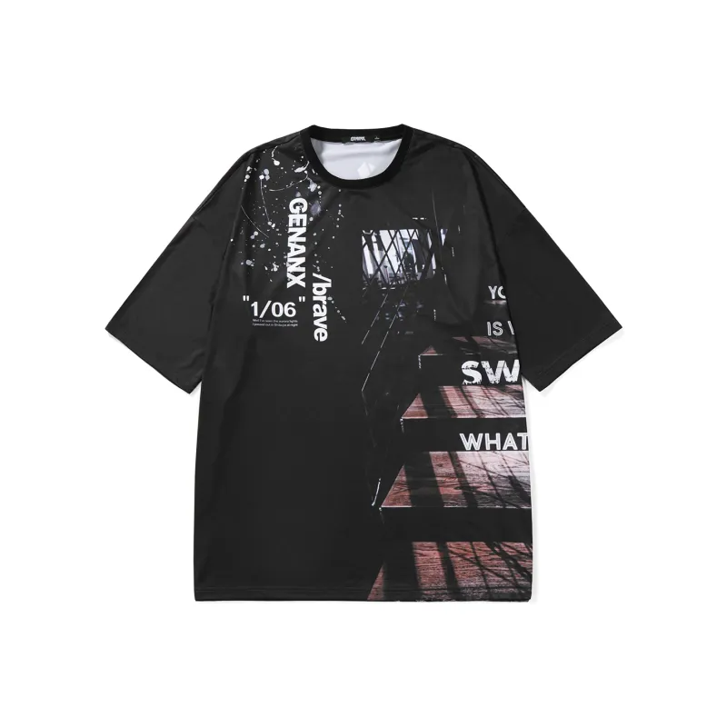 GENANX Straight Elbow Length Sleeved T Shirt Unisex Black-0