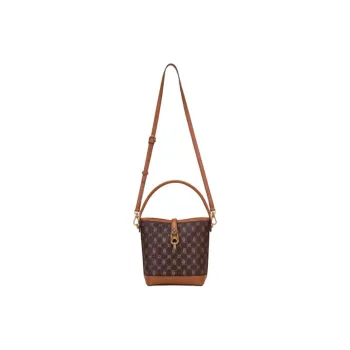 Hush Puppies Cow Leather Bucket Bags One Shoulder Handbags Medium Size Women's Coffee