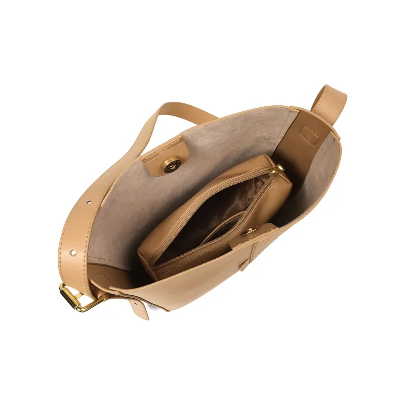 Teenmix Cow Leather With Microfiber Synthetic Leather Bucket Bag, Shoulder Bag Women's Milk Tea Apricot-5
