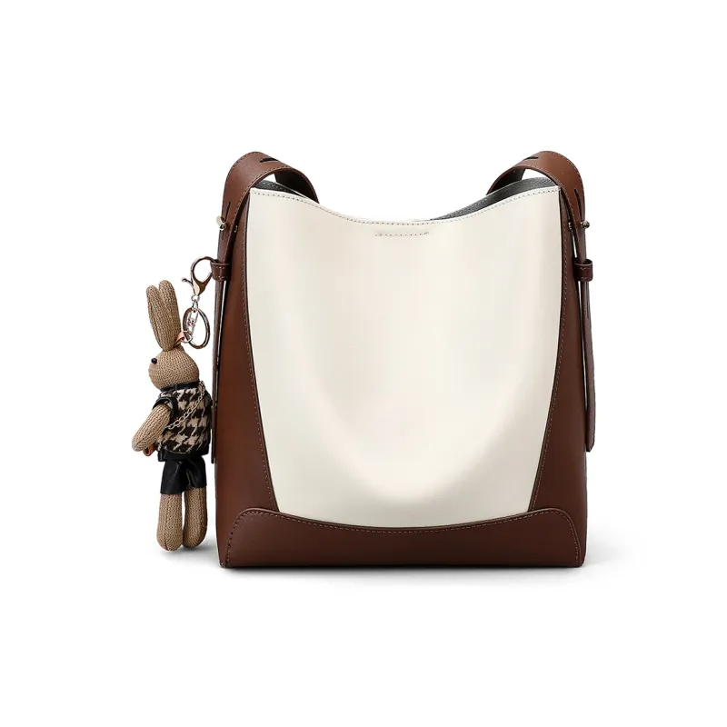 PT'SON Cow Leather With Synthetic Leather Shoulder Bag Women's Ecru Coffee-6