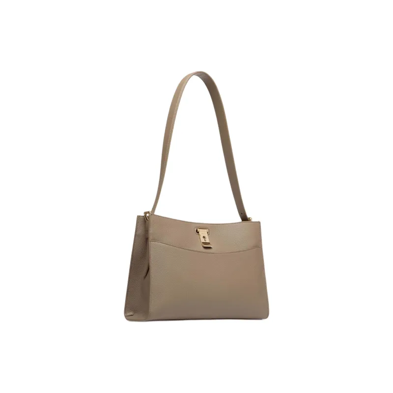 BALLY Lock Me Grain Cow Leather Shoulder Bag Women's Taupe-1