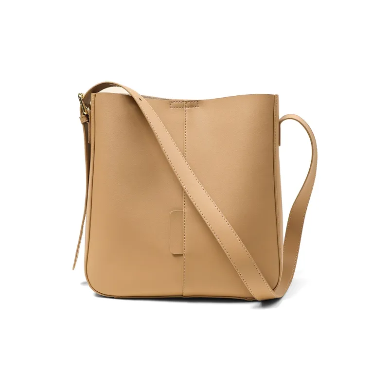 Teenmix Cow Leather With Microfiber Synthetic Leather Bucket Bag, Shoulder Bag Women's Milk Tea Apricot-2