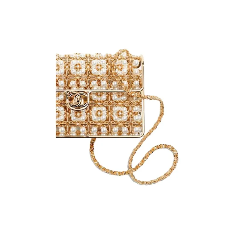 CHANEL Pearl Rhinestone Cut Out Evening Bag, Shoulder Bag, Crossbody Bag, Clutch Women's Gold-2