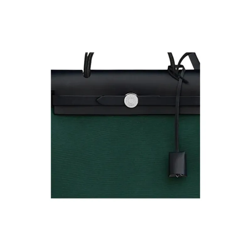 HERMES Herbag Zip Cowhide Patchwork Canvas Shoulder Bag Crossbody Bag Handbag Unisex Pine Green Multicolor-4