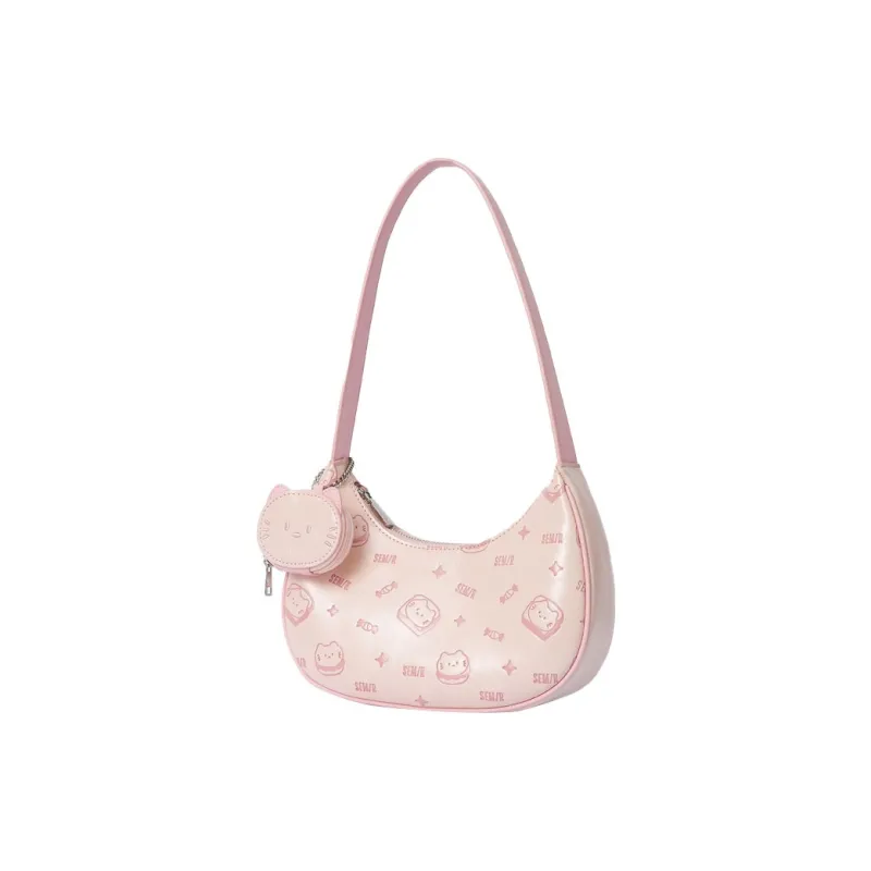 SEM/R Kitten Sketch PU Handbag, Shoulder Bag Medium Size Women's Raw White/Pink Tone-1