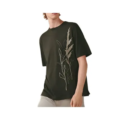 HERMES Leaf Print Crew Neck Short Sleeved T Shirt Men's Olive