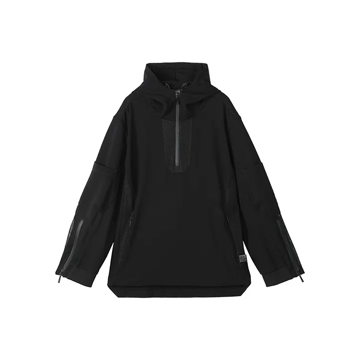 NORVINCY Solid Color Patchwork Mesh Hooded Long Sleeved T Shirt Unisex-2