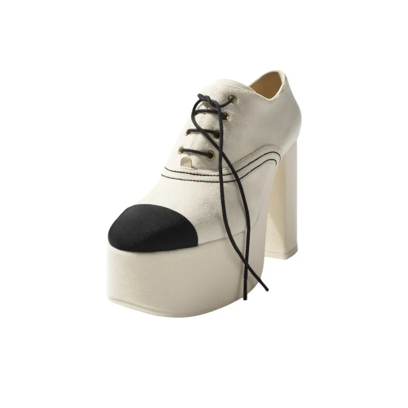 CHANEL 25S Block Heel High Heels 12cm Women's Ivory White & Black-3