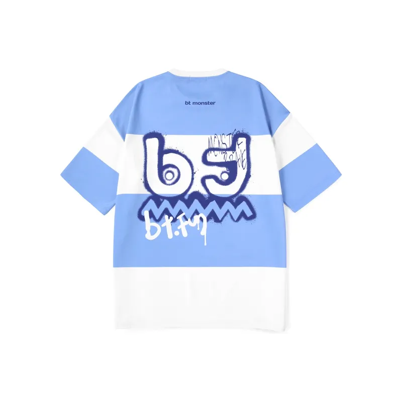 Bt Straight Elbow-Length Sleeved T-Shirt Unisex Blue White-0