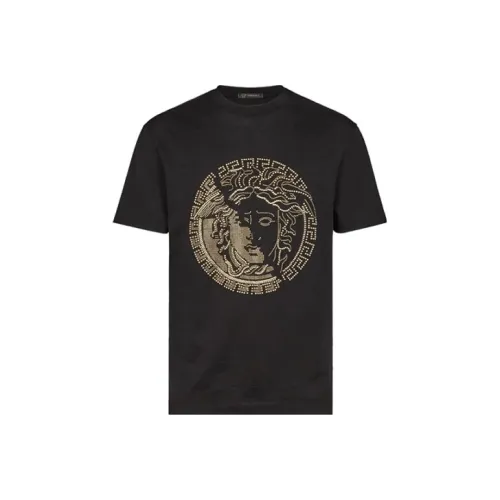 VERSACE Men Logo Letter Print Short Sleeve T Shirt Navy Blue Black