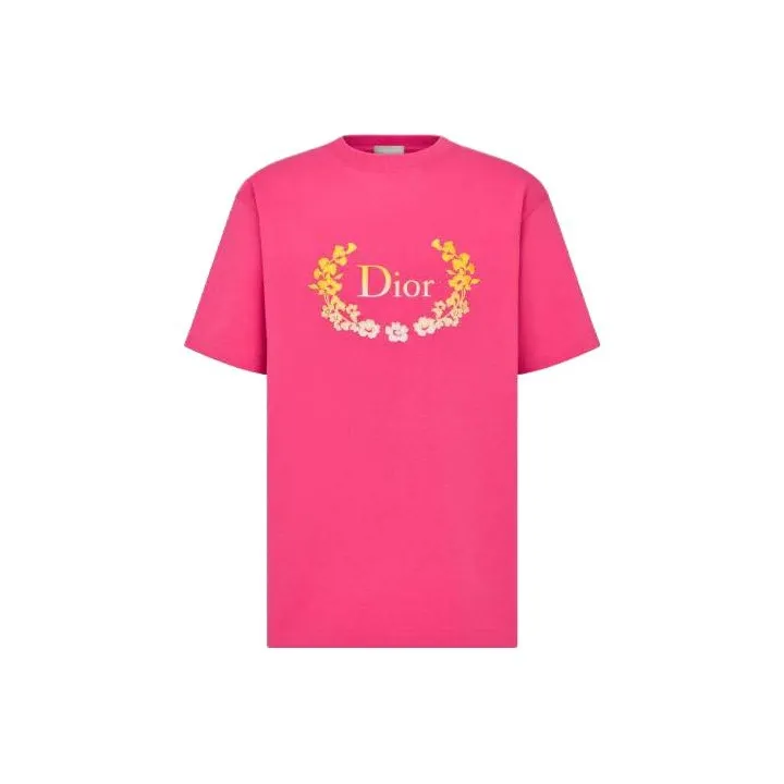 DIOR Logo Print Casual Short Sleeved T Shirt T Shirt Unisex Pink-0