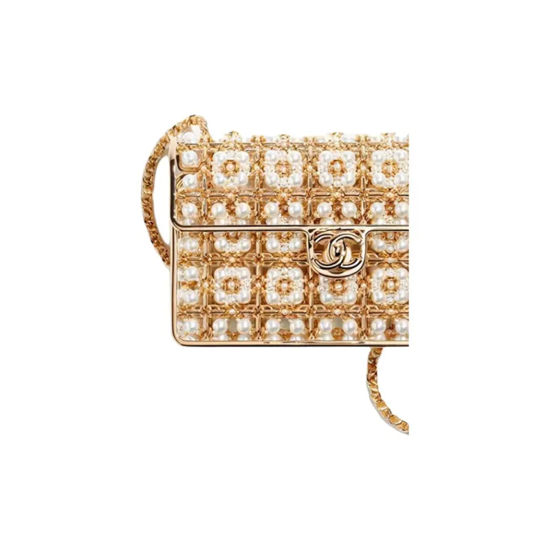 CHANEL Pearl Rhinestone Cut Out Evening Bag, Shoulder Bag, Crossbody Bag, Clutch Women's Gold-1