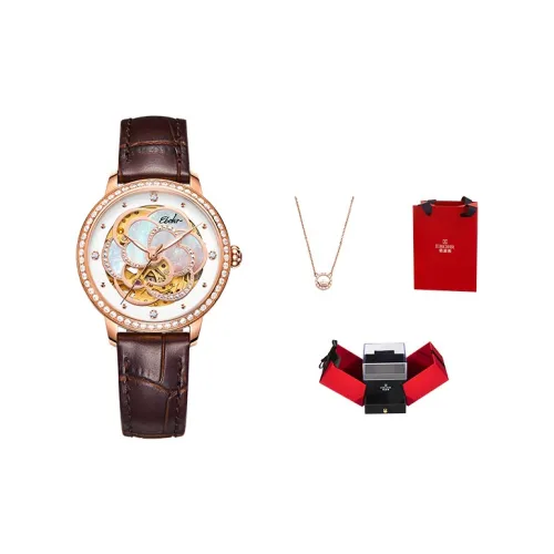 EBOHR Cut Out Orchid Plate Mechanical Movement Cowhide Strap Watch Women's Watch Mother of Pearl Color Watch Dial
