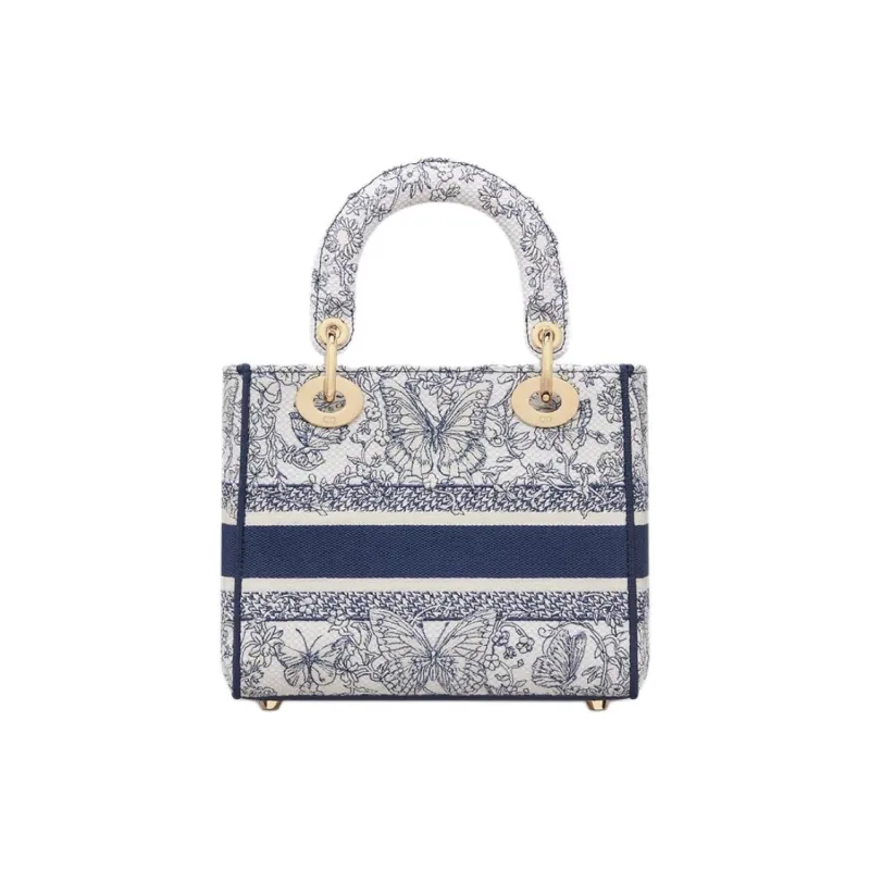 DIOR Lady D Lite Cotton Fabric Tote Bag Shopping Bag Shoulder Bag Handbag Small Size Women's Blue-2