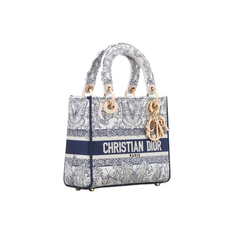DIOR Lady D Lite Cotton Fabric Tote Bag Shopping Bag Shoulder Bag Handbag Small Size Women's Blue-1