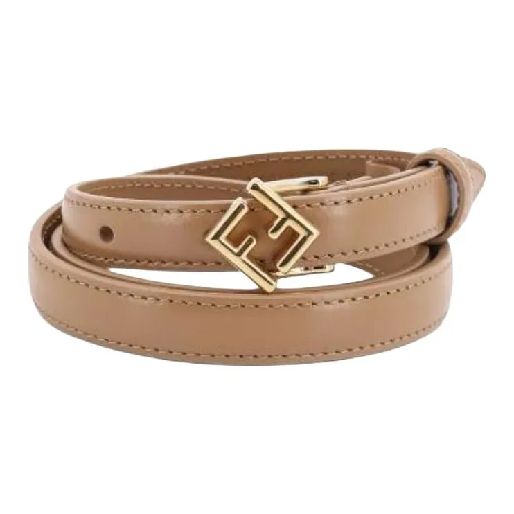 FENDI Diamond Leather Metal Calfskin Leather Belts Unisex Beige Width  1.5cm-0