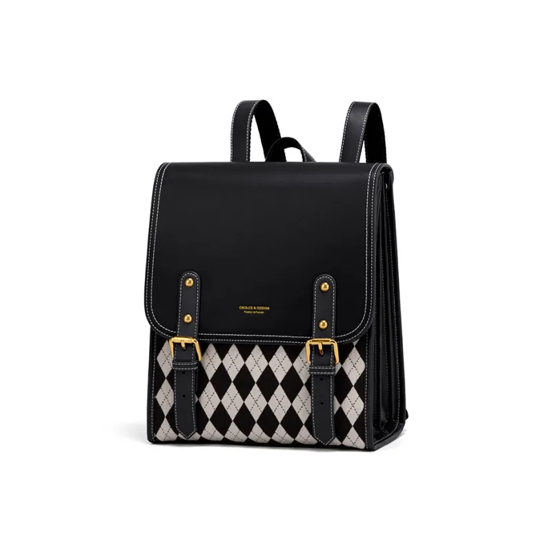 CNOLES Cow Leather Backpack Women's Mousse Brown Plaid/Mousse Black Plaid-8