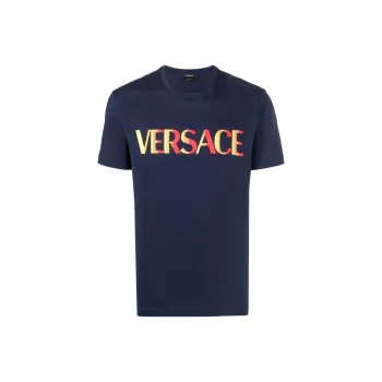 VERSACE VERSACE Logo Embroidered Crew Neck Pullover Short Sleeved T Shirt Men's Blue