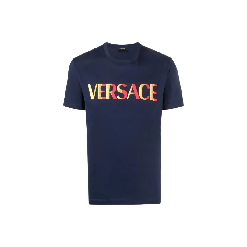 VERSACE VERSACE Logo Embroidered Crew Neck Pullover Short Sleeved T Shirt Men's Blue-0