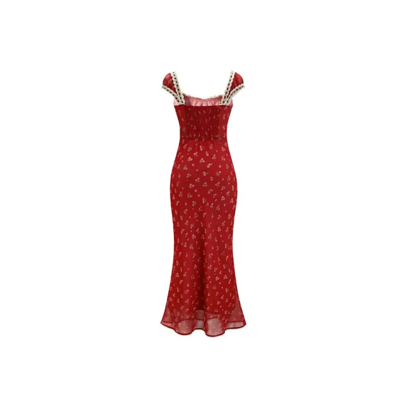 SKYA Short Sleeved Dress Women's Red Floral-1