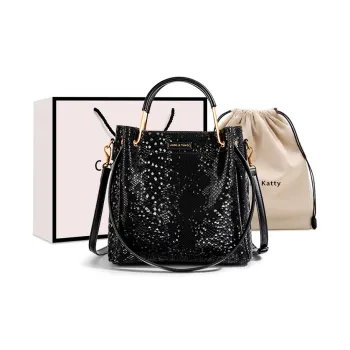 CentarlKatty Polyurethane Bonded Synthetic Leather Bucket Bags Handbags Women's Snake Scale Black