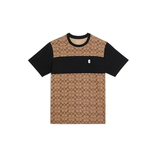 COACH SS22 Men Logo Full Print Patchwork Short Sleeve T shirt Khaki